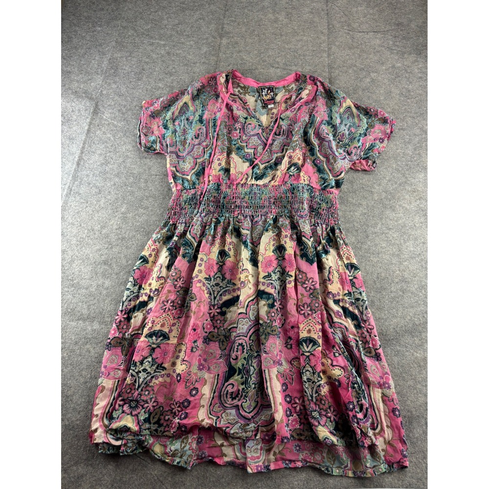 Johnny Was THIA Sheer Paisley Velvet Burnout Smocked‎ Silk Mini Dress Womens M